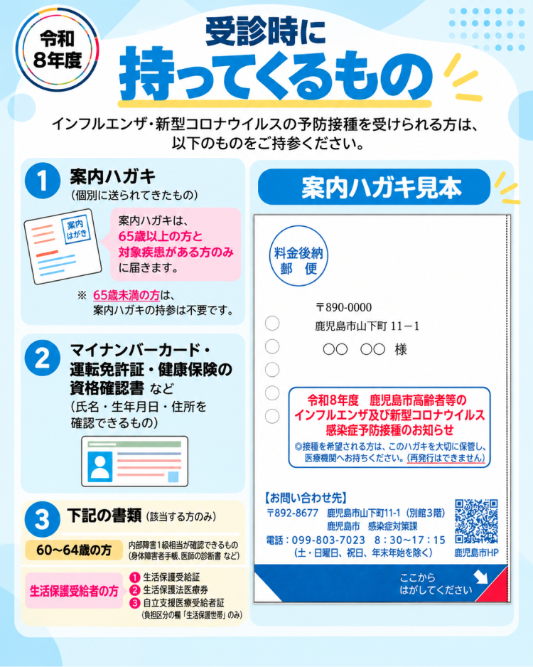 受診時に持ってくるもののご案内。案内ハガキ、マイナンバーカードや運転免許証など本人確認ができるもの、該当する方のみ必要な書類の3点。あわせて鹿児島市から届く案内ハガキの見本を掲載