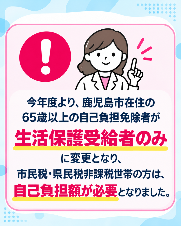 自己負担免除の変更のお知らせ。今年度より鹿児島市在住の65歳以上の自己負担免除者が生活保護受給者のみに変更となり、市民税・県民税非課税世帯の方は自己負担額が必要